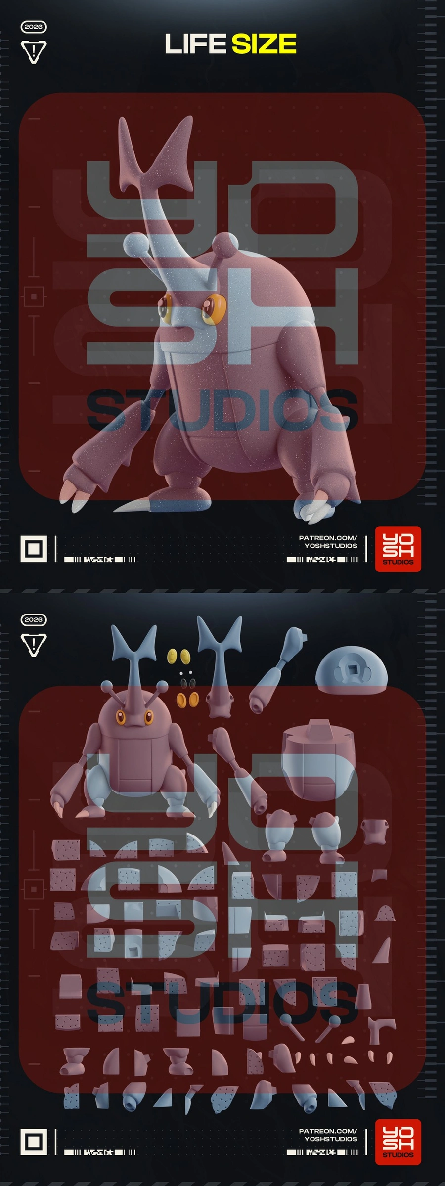 Life-size Heracross Pokémon figure with separated 3D printable parts
