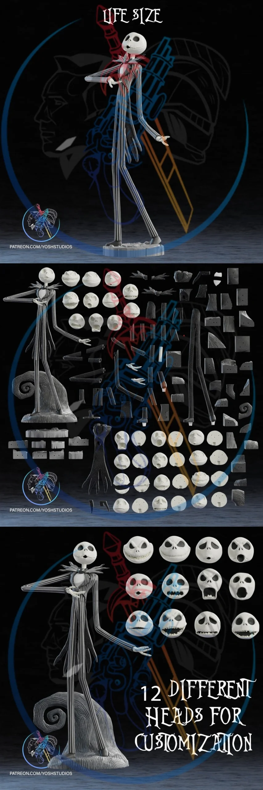 Jack Skellington life-size figure with alternate skull heads and display base