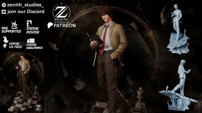 Light Yagami holding a notebook on a chessboard-style Death Note statue base