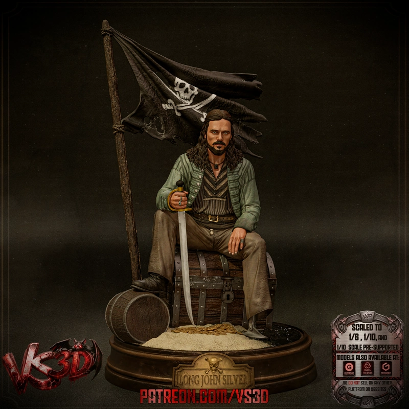 Long John Silver pirate statue seated on a treasure chest with a skull flag