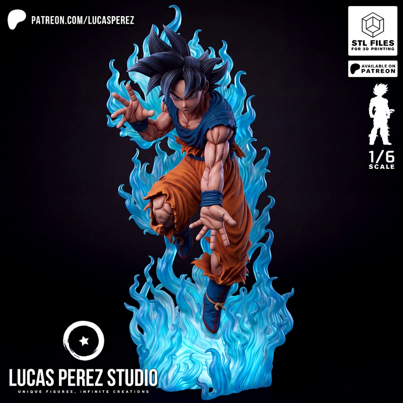 Goku Ultra Instinct figure in an orange gi surrounded by blue energy flames