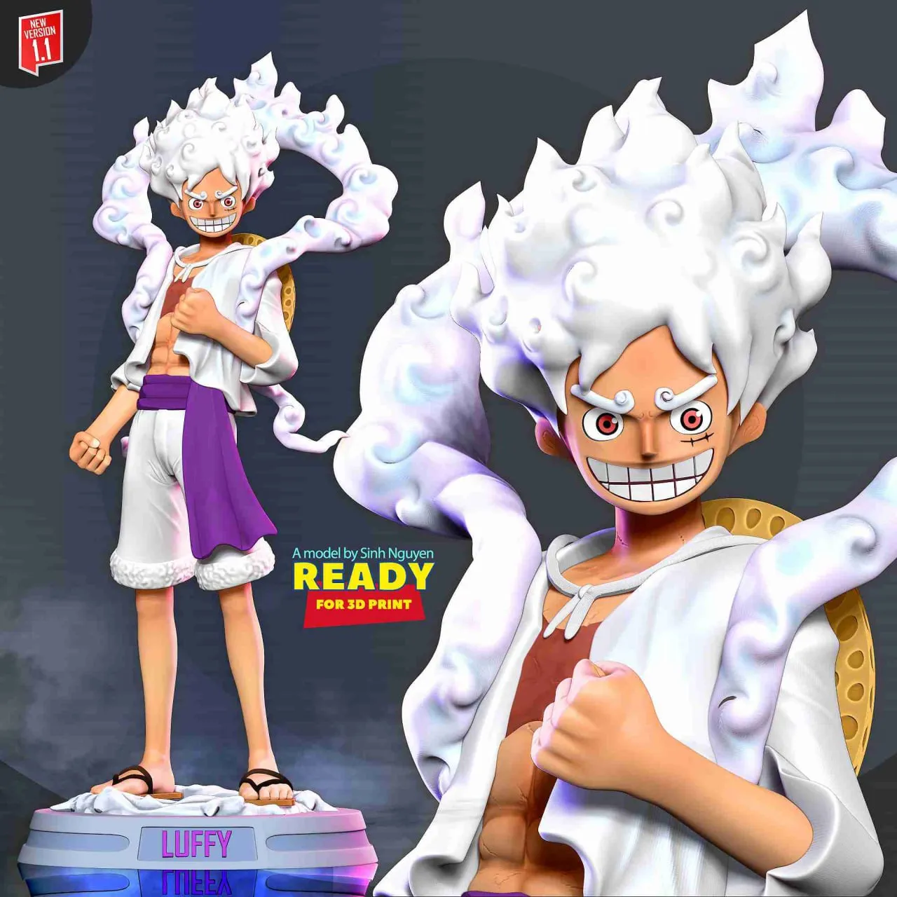 Luffy Gear 5 One Piece character figure with white cloud-like hair