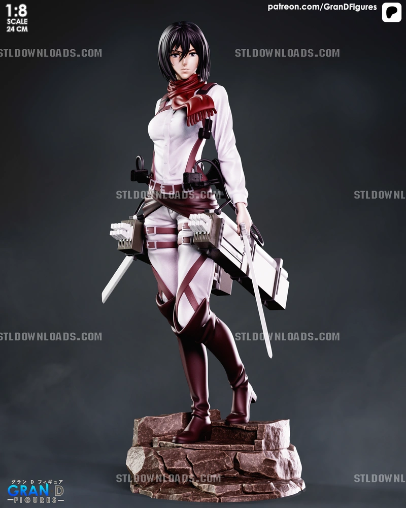 Mikasa Ackerman from Attack on Titan with blades and maneuver gear