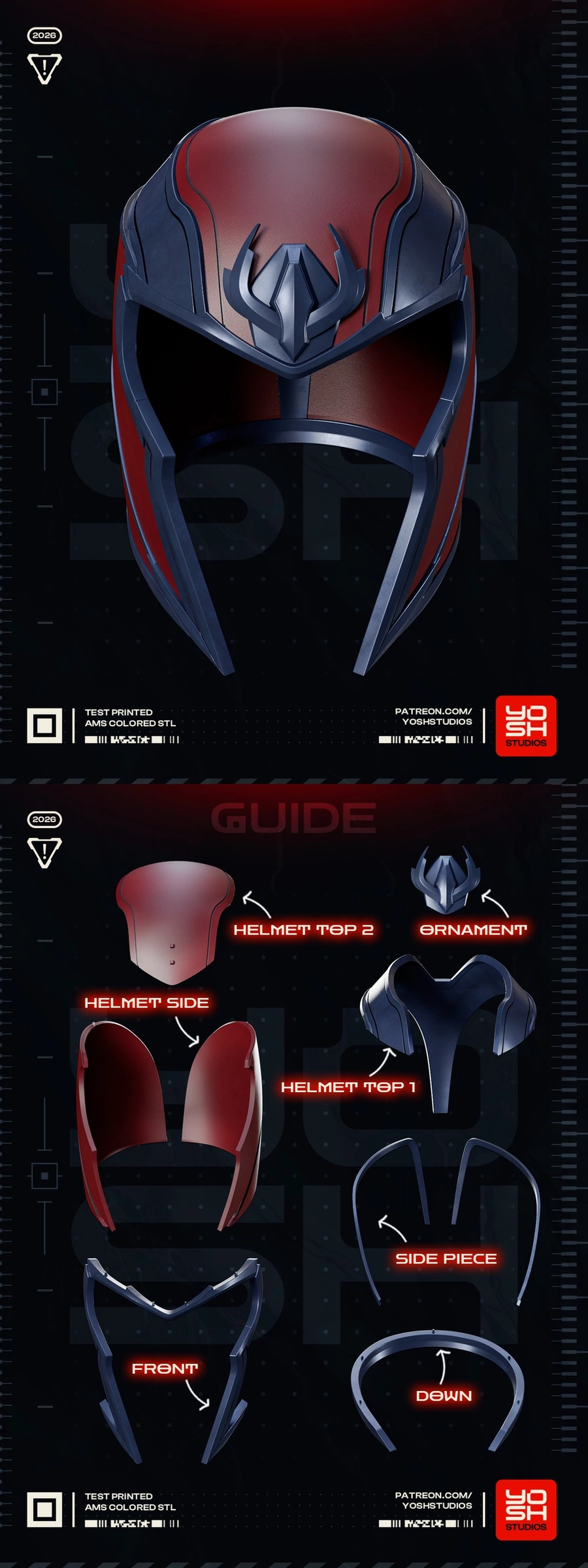 Magneto Doomsday Helmet 3D model with red crown and dark segmented armor