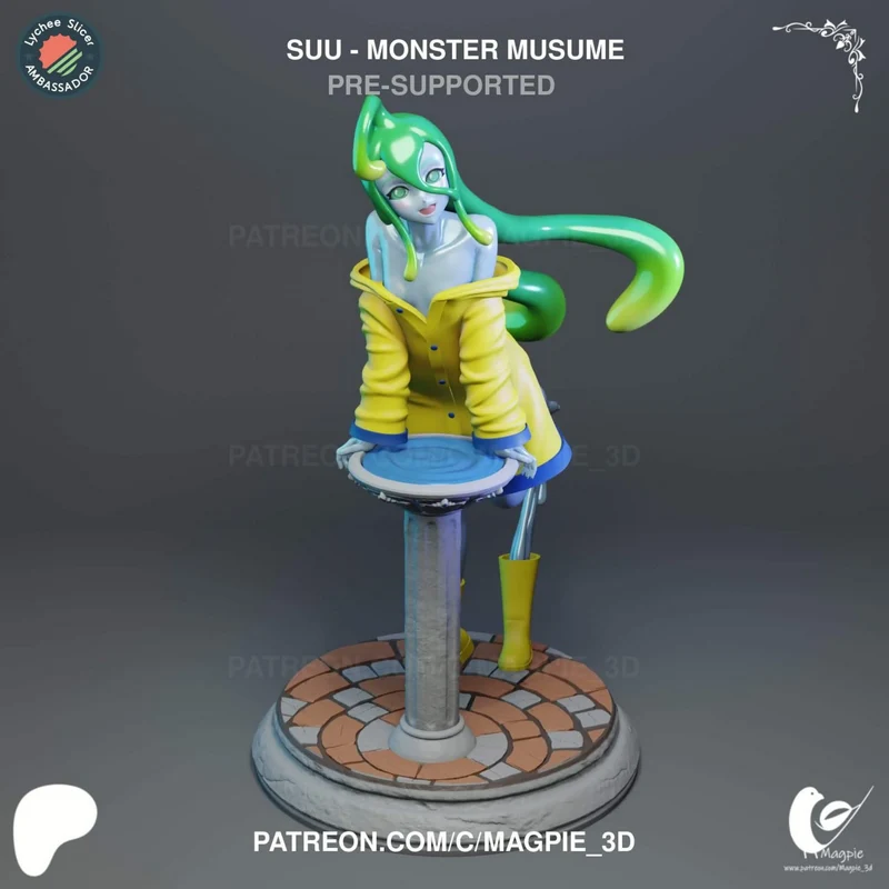 Suu from Monster Musume in a yellow coat on a decorated circular display base