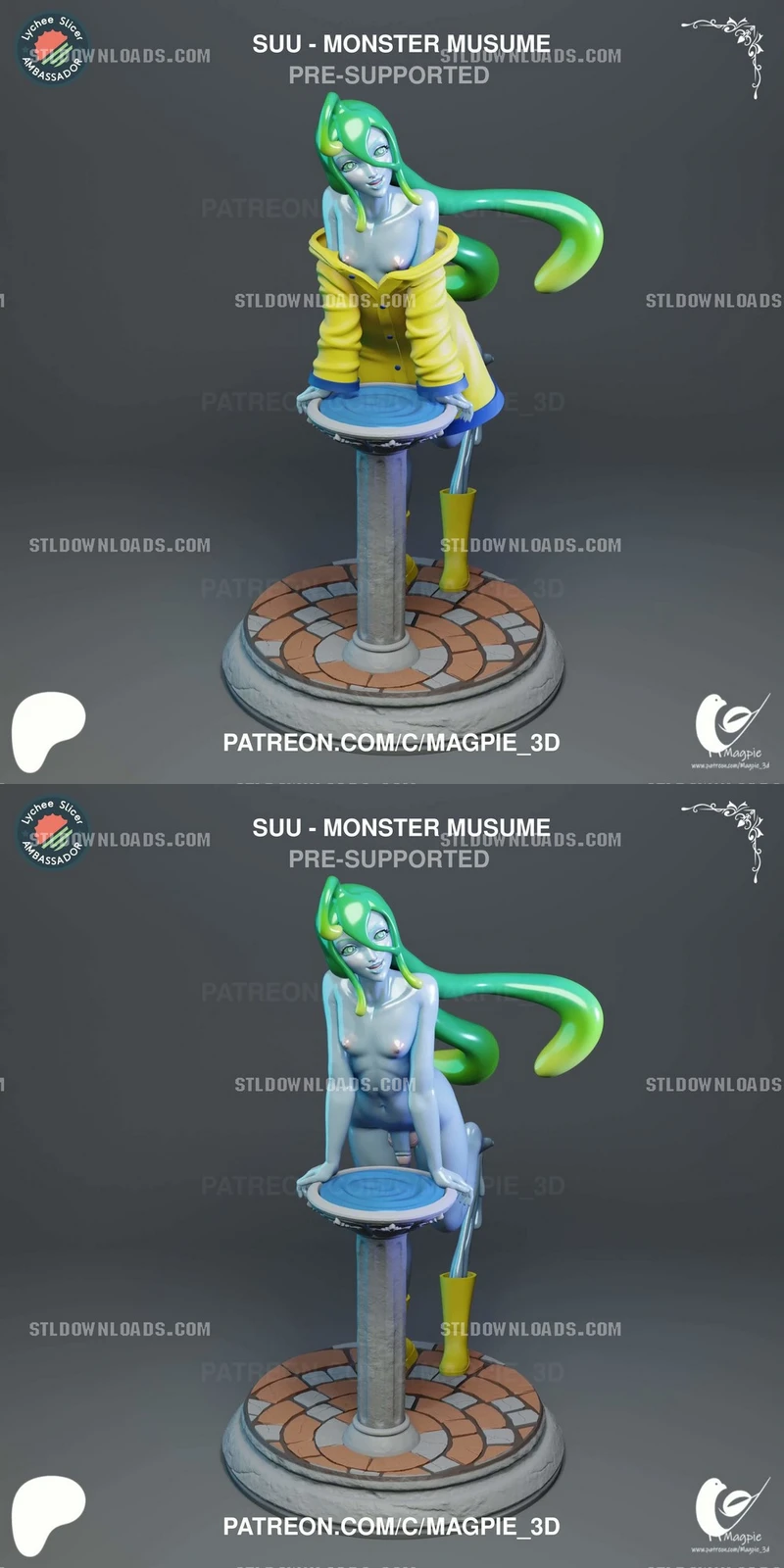 Suu from Monster Musume with green tentacle-like hair on a circular display base