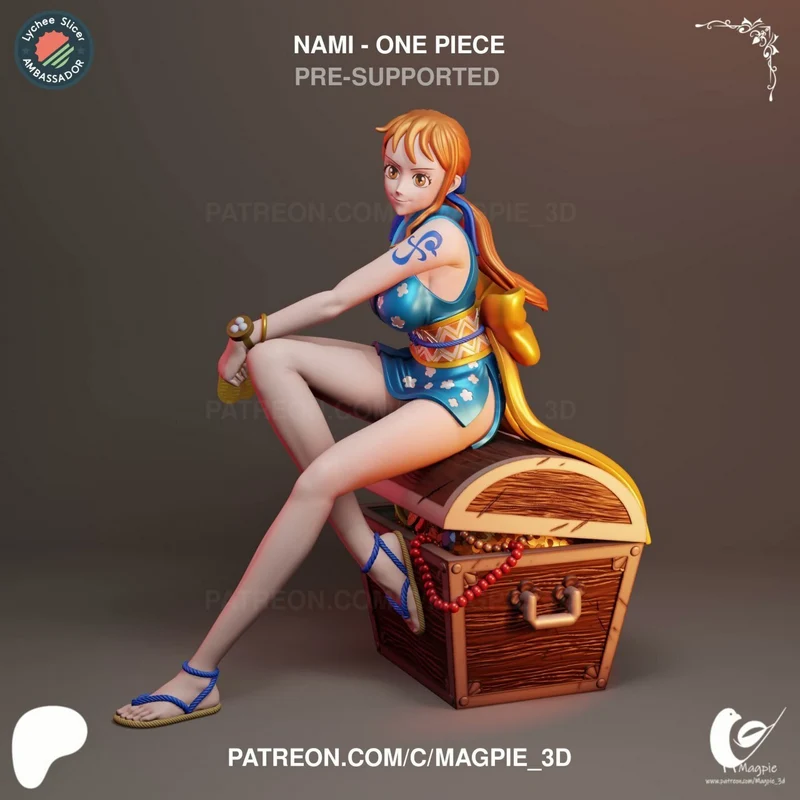 Nami from One Piece seated on an ornate treasure chest with a sword