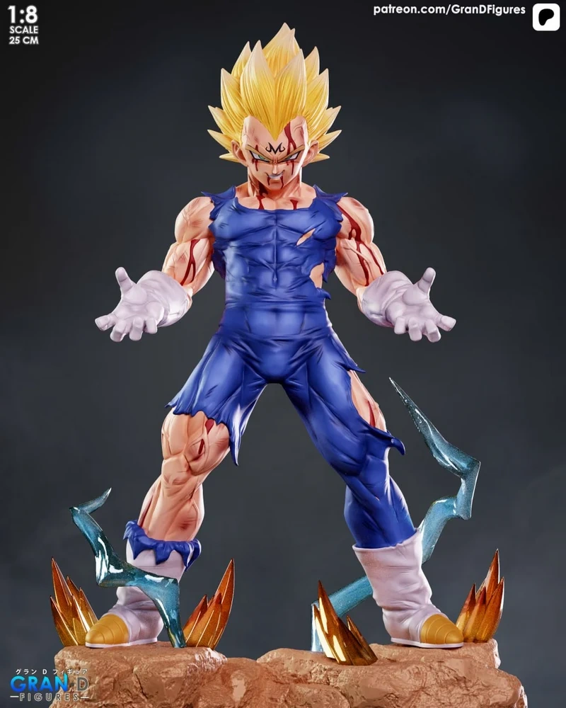 Majin Vegeta Dragon Ball figure with golden hair, blue suit, and energy effects