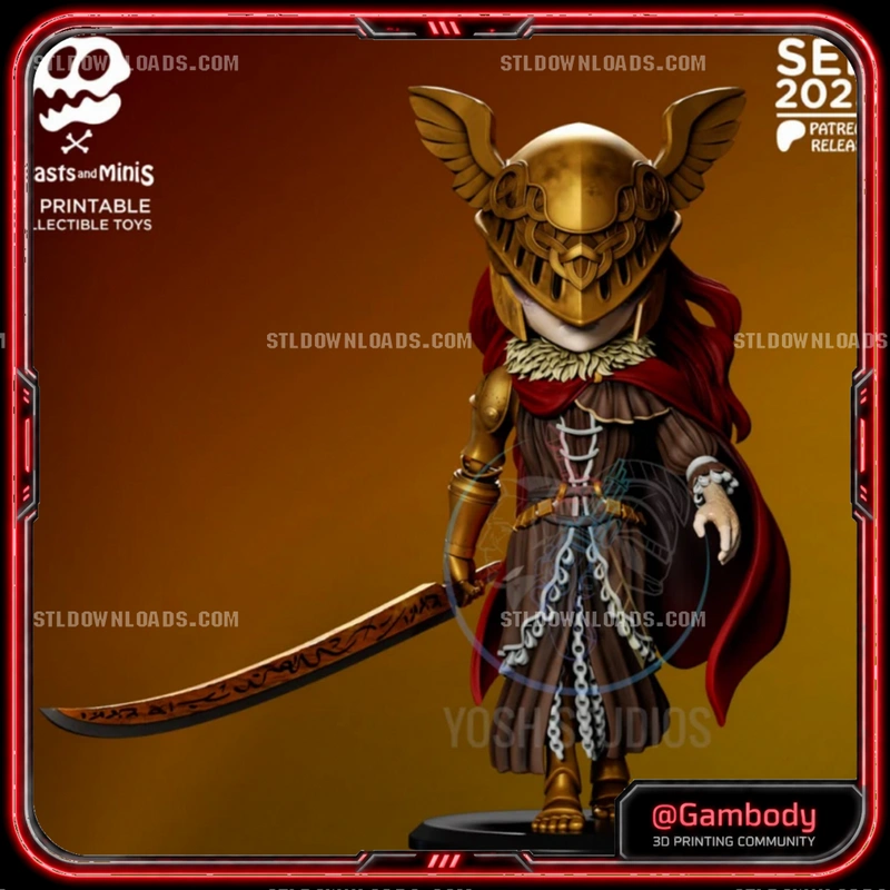 Stylized winged-helmet warrior with curved sword, red cloak, and display base