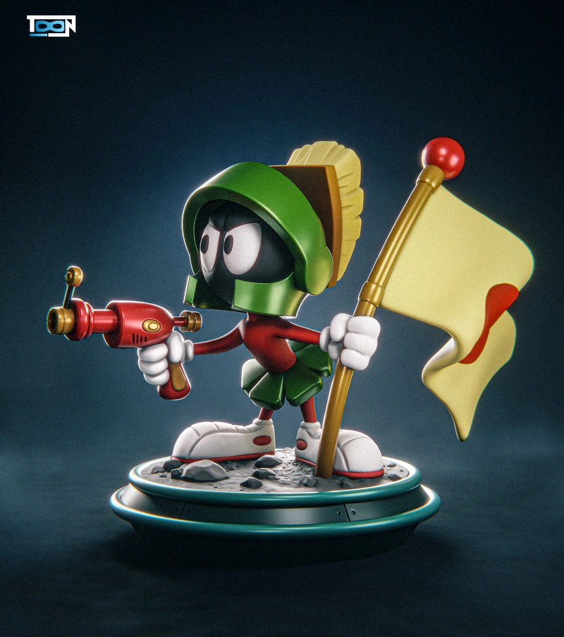 Marvin the Martian figurine with a ray gun, flag, and green helmet