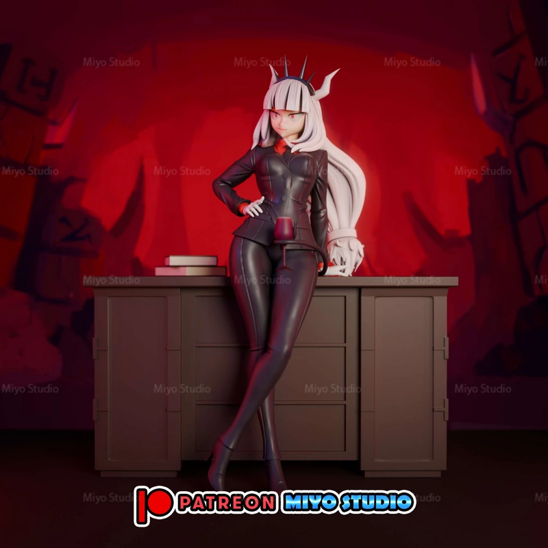 Lucifer from Helltaker, a horned woman with long white hair and a black suit
