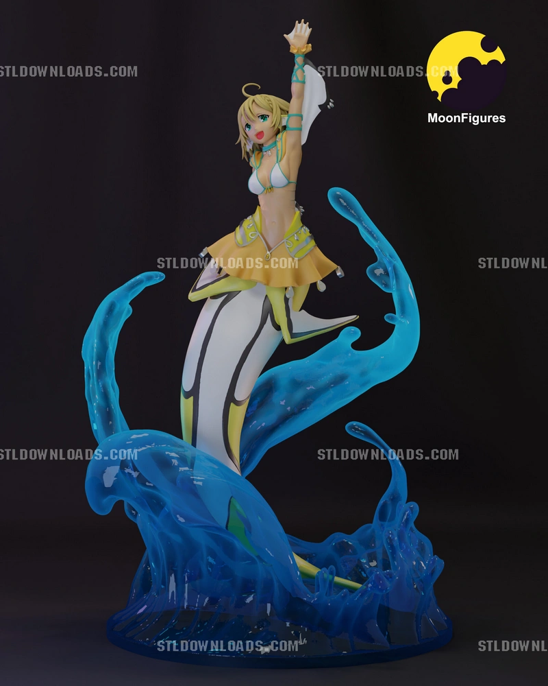 Lulala Heine anime figure with raised arm, blue water effects, and a wave-like base