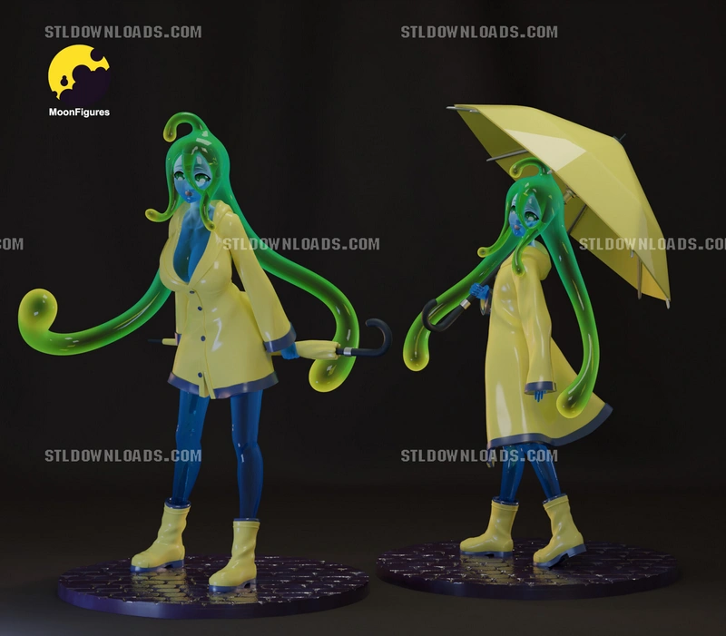 Suu from Monster Musume as a green tentacled character in a yellow raincoat