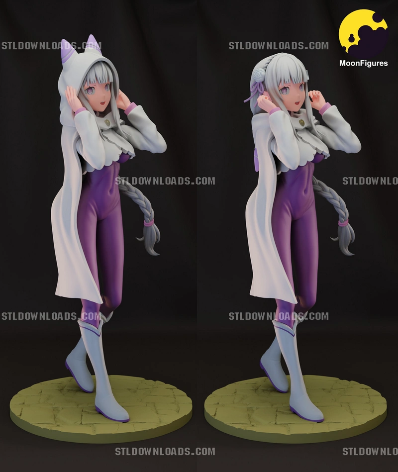 Emilia Re:Zero character figure with silver hair, purple outfit, and long white coat