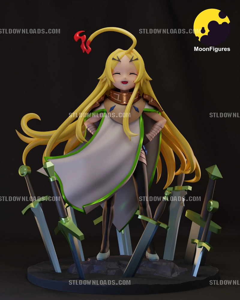 Teoritta character statue with long blond hair and colorful swords