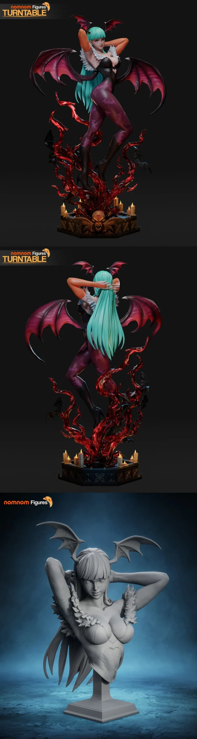 Morrigan Aensland Darkstalkers figure with bat wings, aqua hair, and ornate base