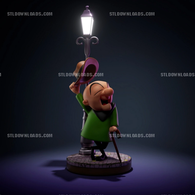 Mr. Magoo character figure with hat, cane, green coat, and street lamp