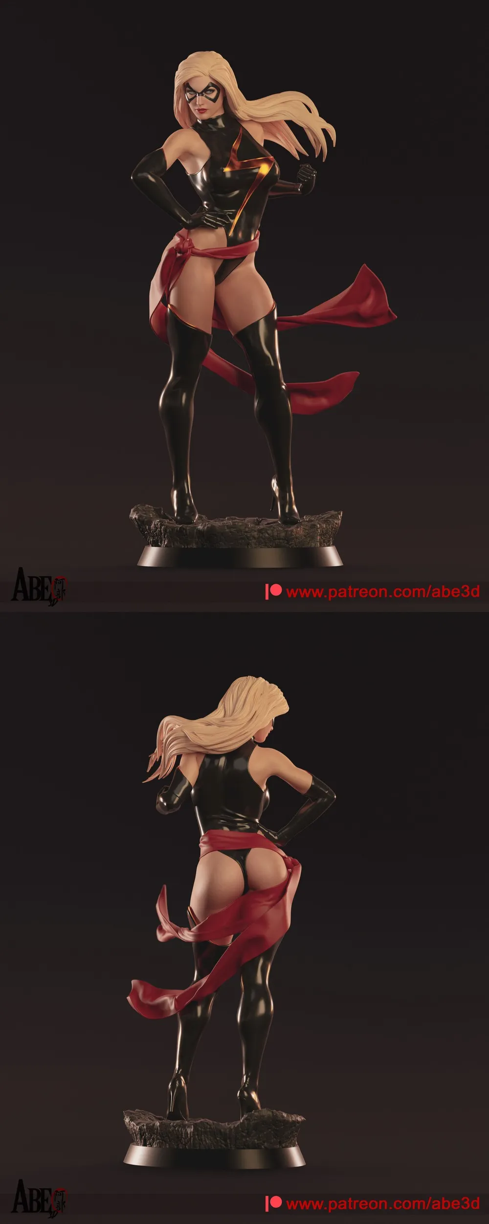 Ms. Marvel statue with black suit, red scarf, blonde hair, and rocky base