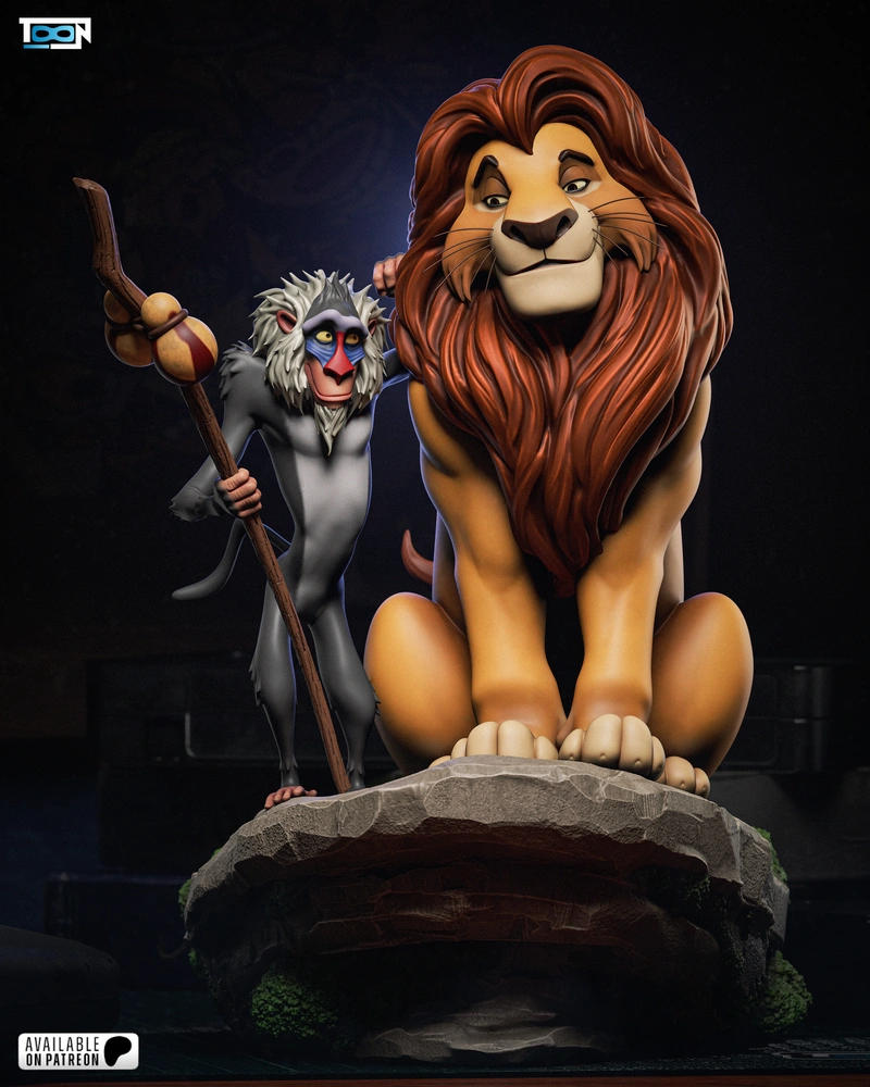 Mufasa and Rafiki from The Lion King standing on a rocky base