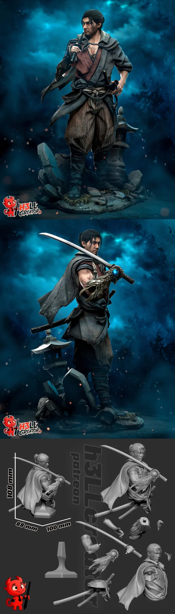 Musashi Onimusha character statue with katana and rocky base