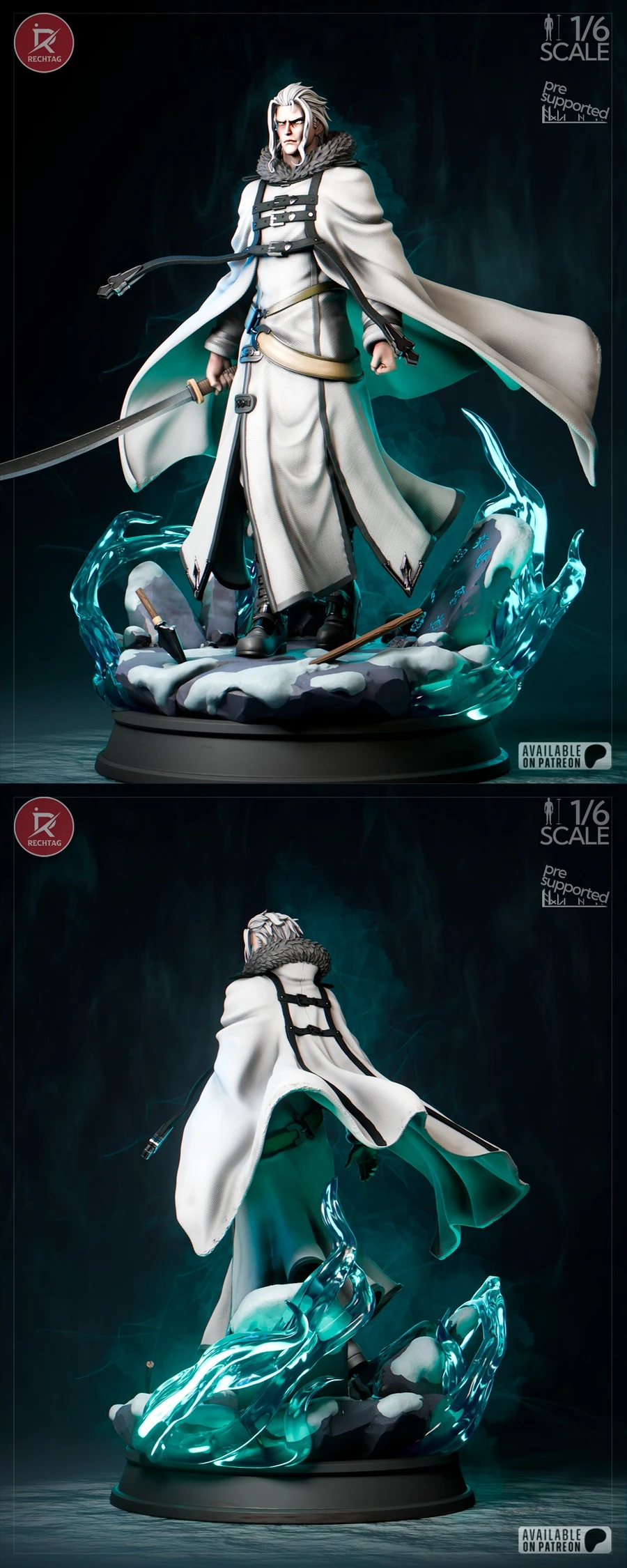 Orsted Mushoku Tensei statue with white cloak and turquoise water effects