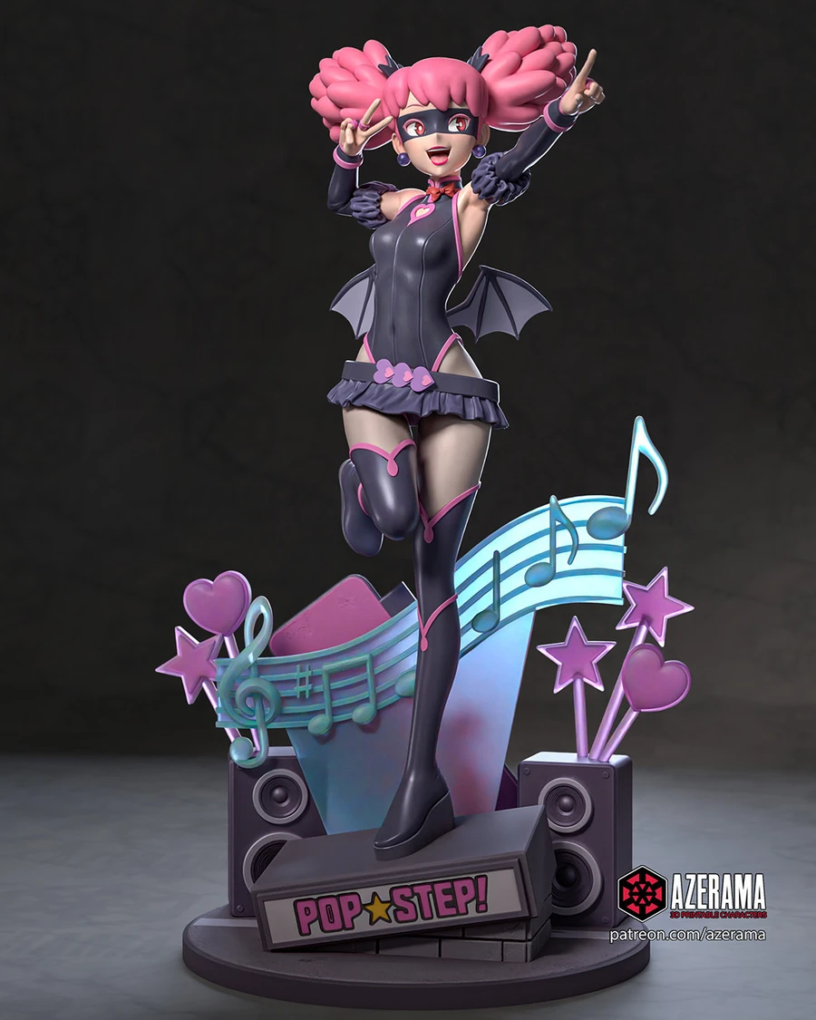 Pop Step figure with pink hair, bat wings, musical notes, speakers, and a display base