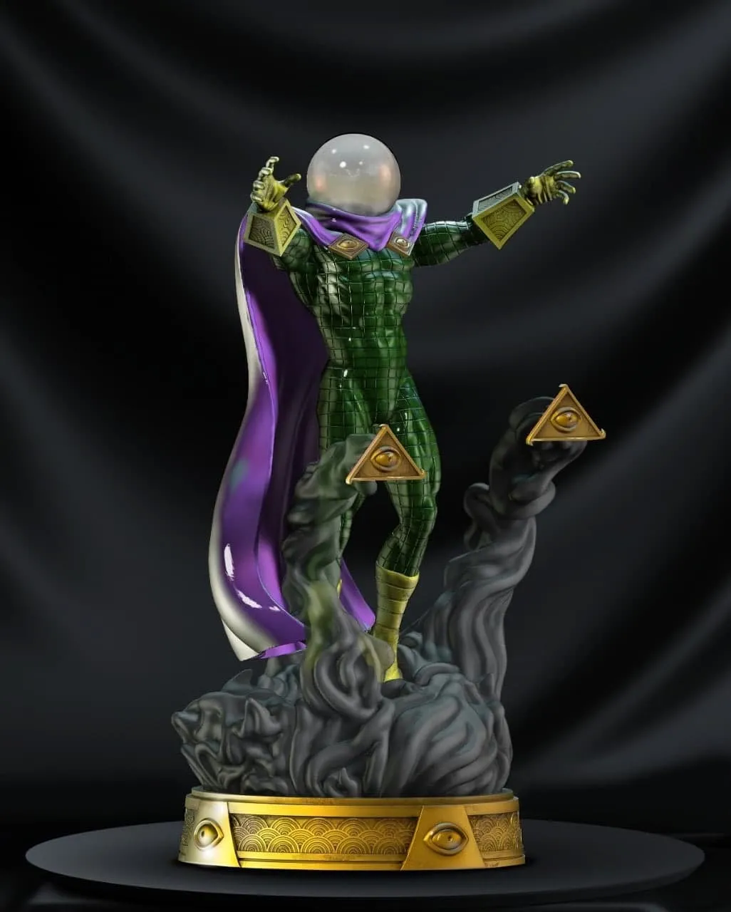 Mysterio Marvel figurine with glass dome, purple cape, and smoke-effect base