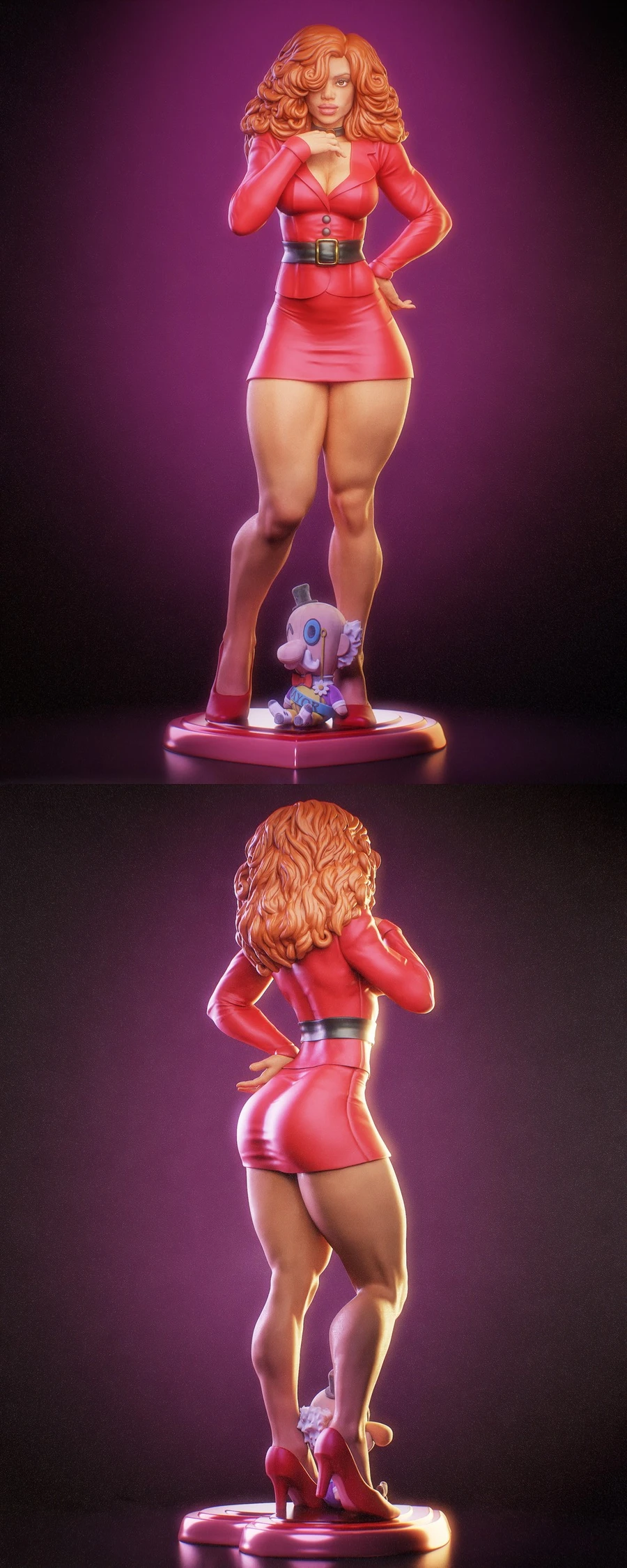 Ms. Bellum statue in a red outfit with curled hair on a display base
