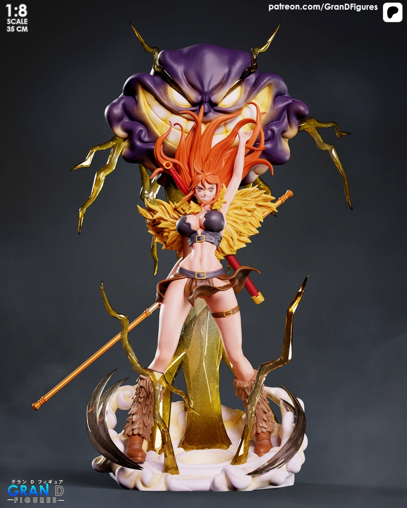 Nami Elbaf One Piece figure with orange hair and storm-themed display base