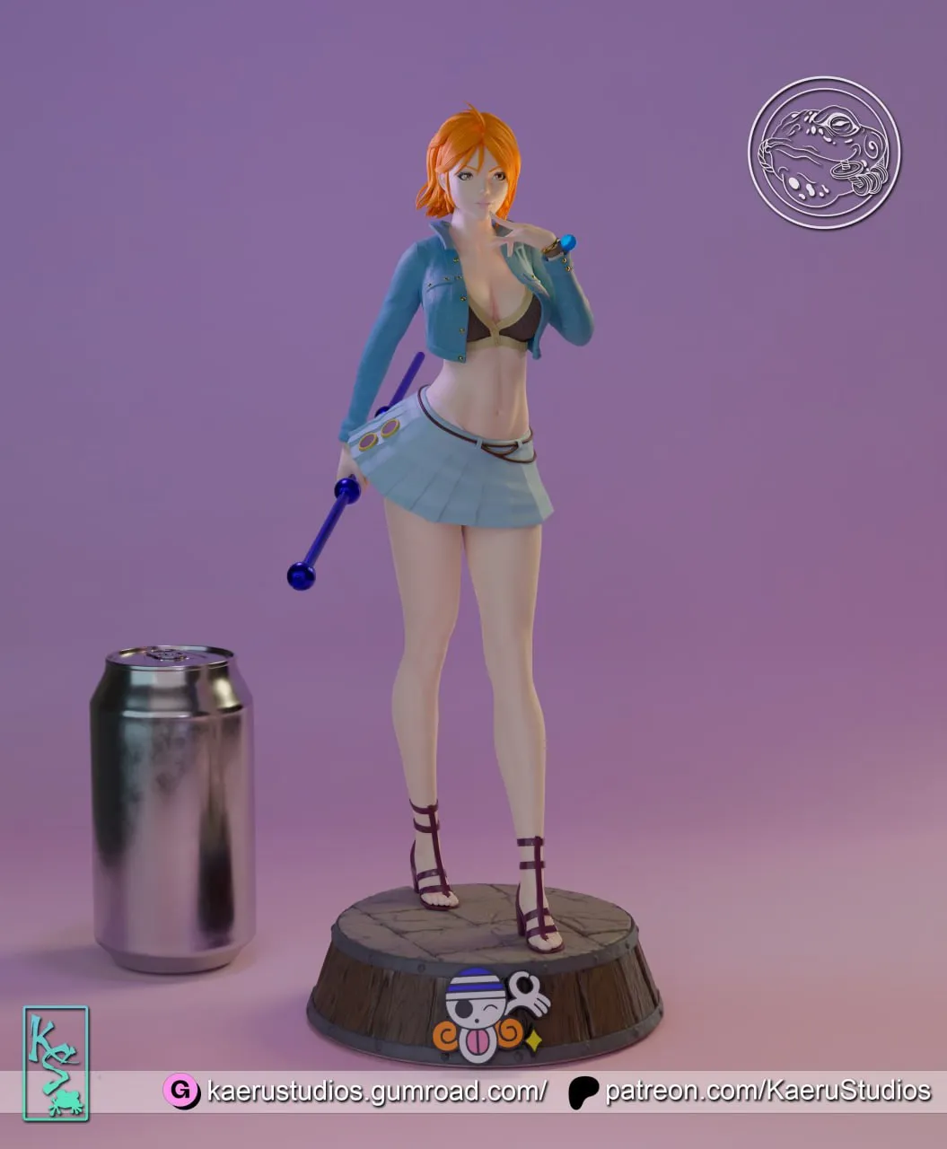 Nami from One Piece standing with a staff on a themed display base