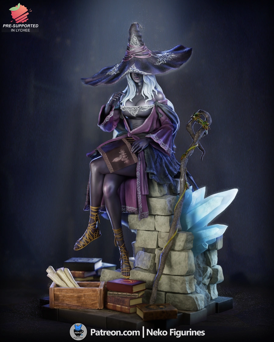 Recluse from Elden Ring seated in robes with a staff, books, and crystals