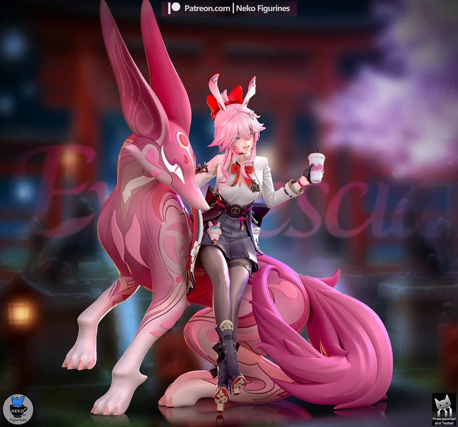 Evanescia Honkai: Star Rail figure with a pink-haired character and large pink fox-like companion