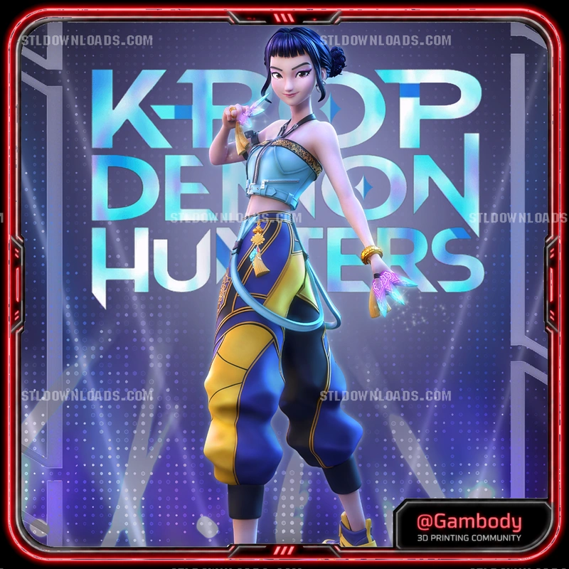 Zoey from KPop Demon Hunters in a blue-and-yellow character outfit