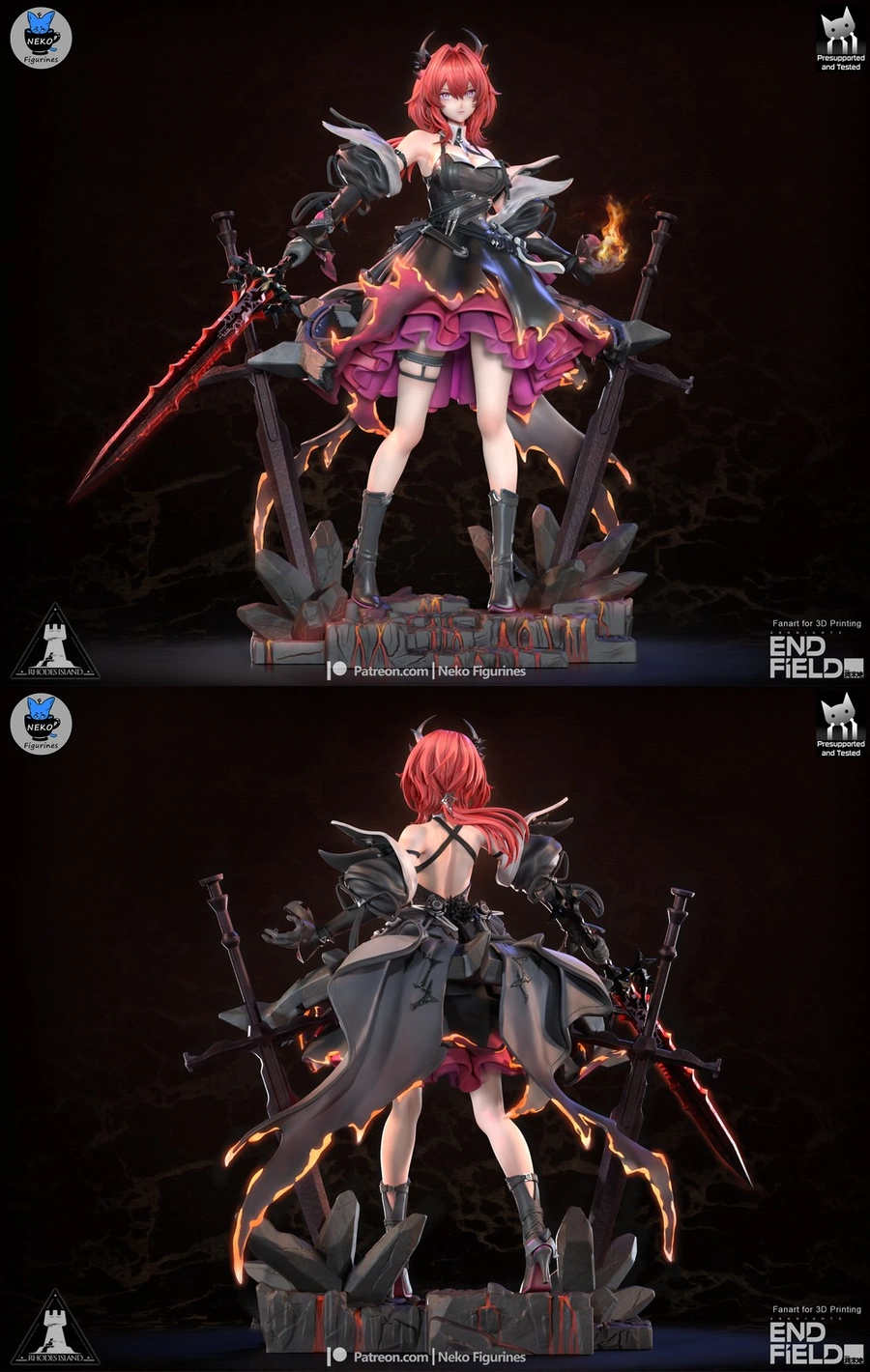 Laevatain character statue with a sword, flame accents, and rocky display base