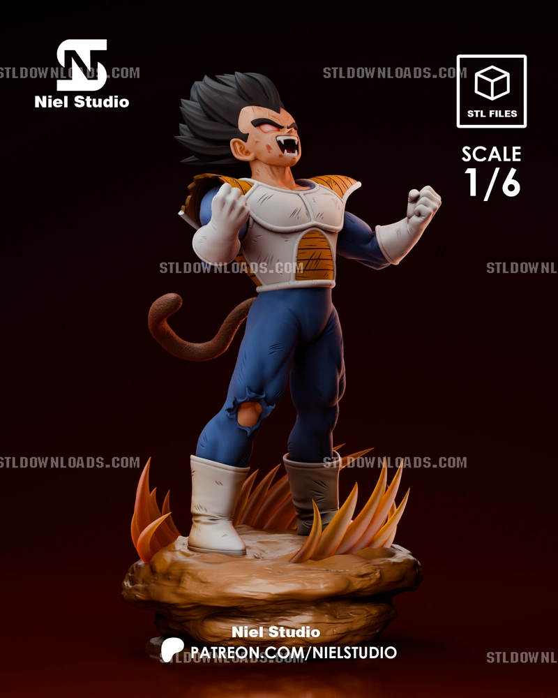 Vegeta Dragon Ball figure in battle armor on a rocky flame-effect base