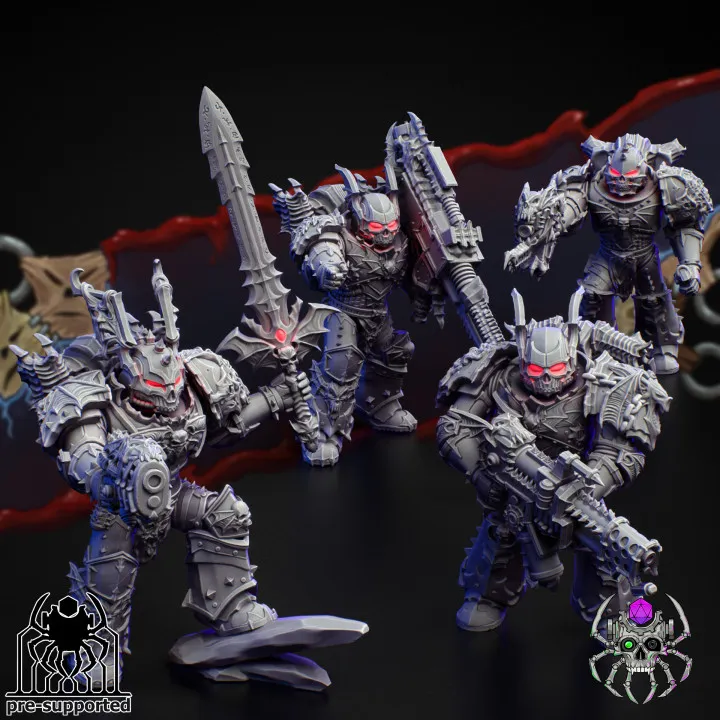 Five armored sci-fi battle squad figures with skull-like faces and oversized weapons