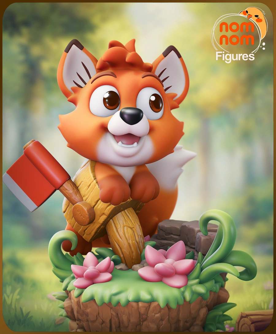 Tod the Fox cartoon figure on a floral woodland stump base