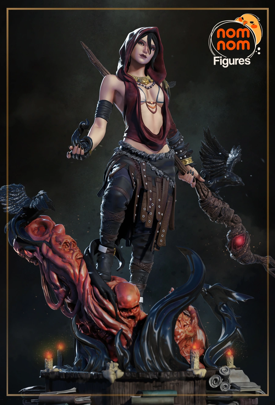 Morrigan Dragon Age figure with a raven, staff, demons, and ornate base
