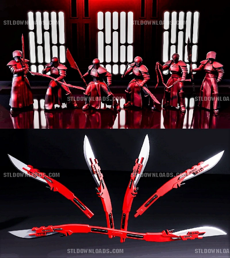 Red armored sci-fi figures with varied scythe weapons
