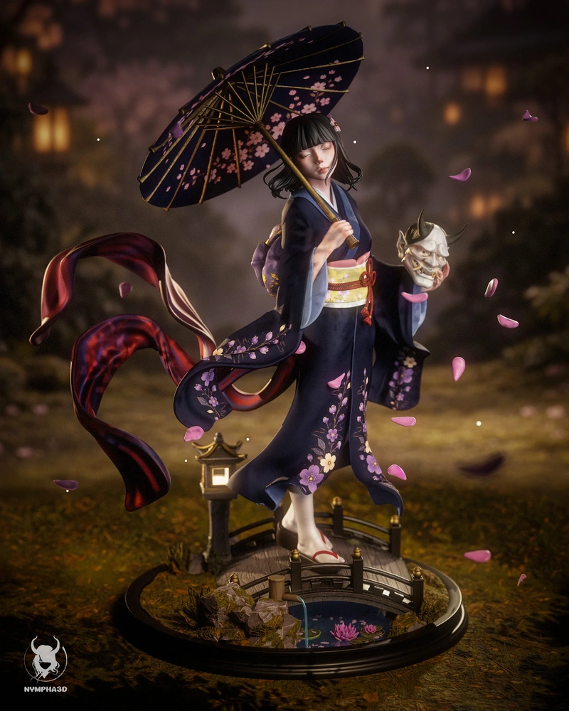 Hannya Maiden original character statue with parasol, kimono, mask, and scenic base