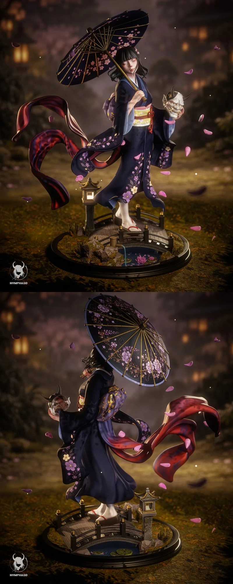 Hannya Maiden statue with kimono, parasol, oni mask, flowing tails, and bridge base