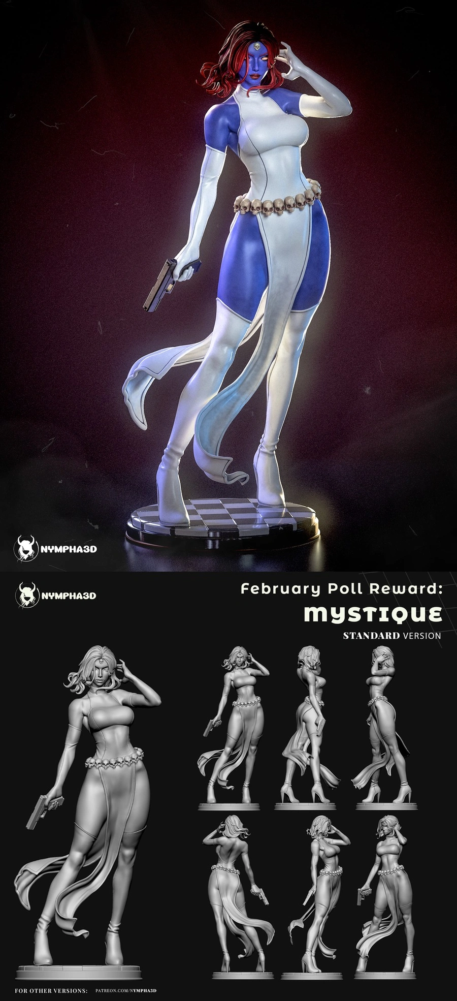 Marvel Mystique 3D statue with red hair, blue skin, skull belt, pistol, and flowing costume