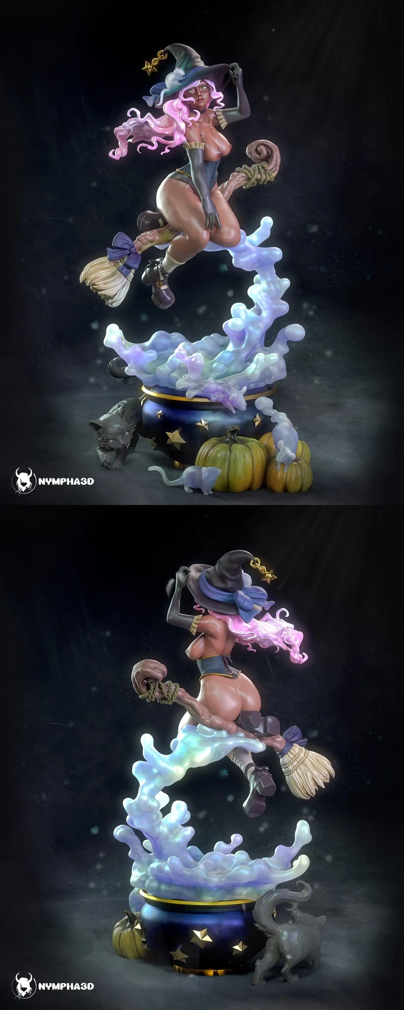 Pink-haired witch riding a broom above a cauldron with smoke, pumpkins, and cats