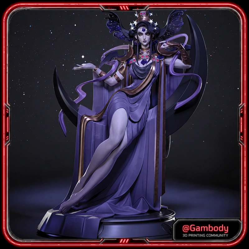 Nyx from Hades 3D character statue with purple robes, crescent backdrop, and ornate base