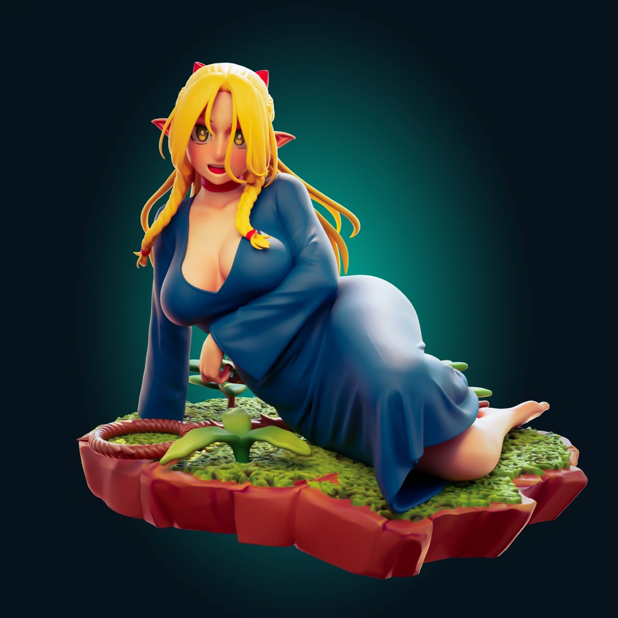 Marcille Donato elf figure in a blue dress on a fantasy terrain base