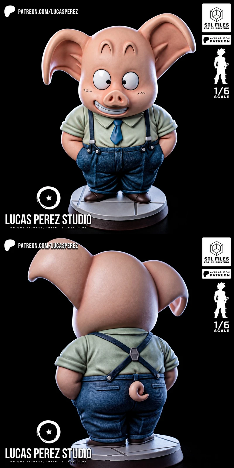 Oolong from Dragon Ball pig character figure wearing suspenders and standing on a base