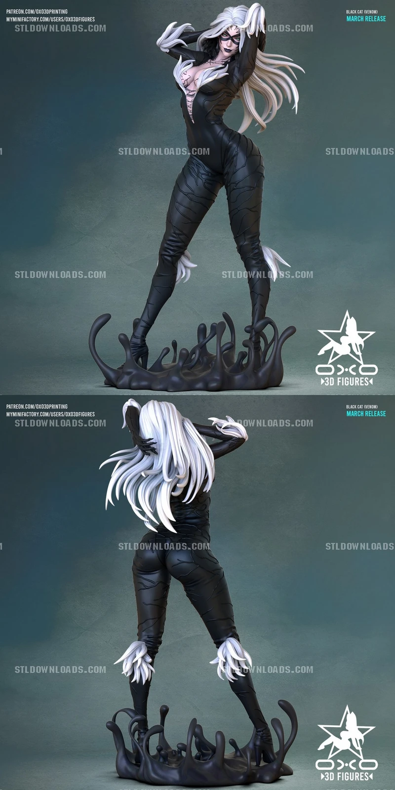 Black Cat Venom Marvel figure with white hair and tendril base