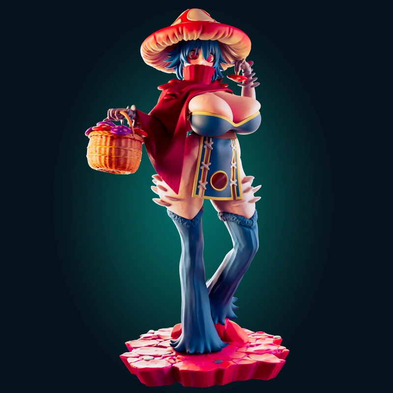 Mushroom Girl character statue with mushroom cap, basket, cape, and display base