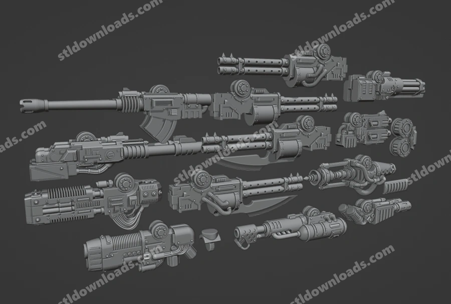 Modular Old Contemptor sci-fi weapon components with barrels, armor panels, cables, and mechanical details