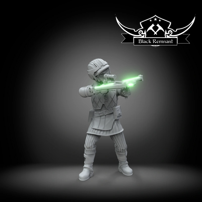 Armored original character figurine holding a futuristic Omega crossbow